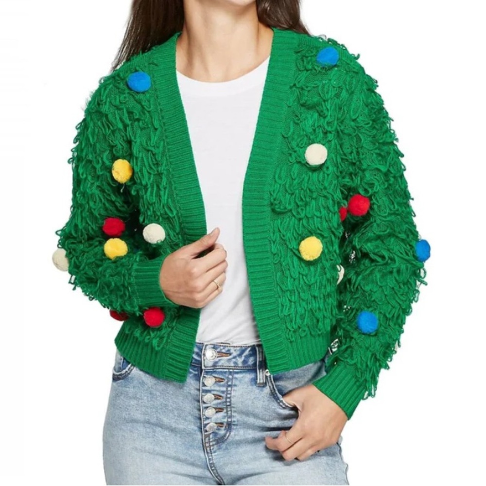 Christmas’s tree cardigan, loop with poms, women’s XS